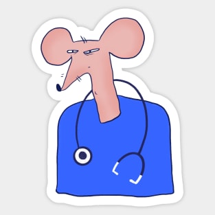 Funny and suspicious skinny rat doctor in blue sweater. Sticker